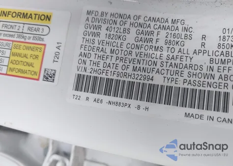 2024 Honda Civic Touring z USA, uszkodzony, nr VIN 2HGFE1F90RH322994